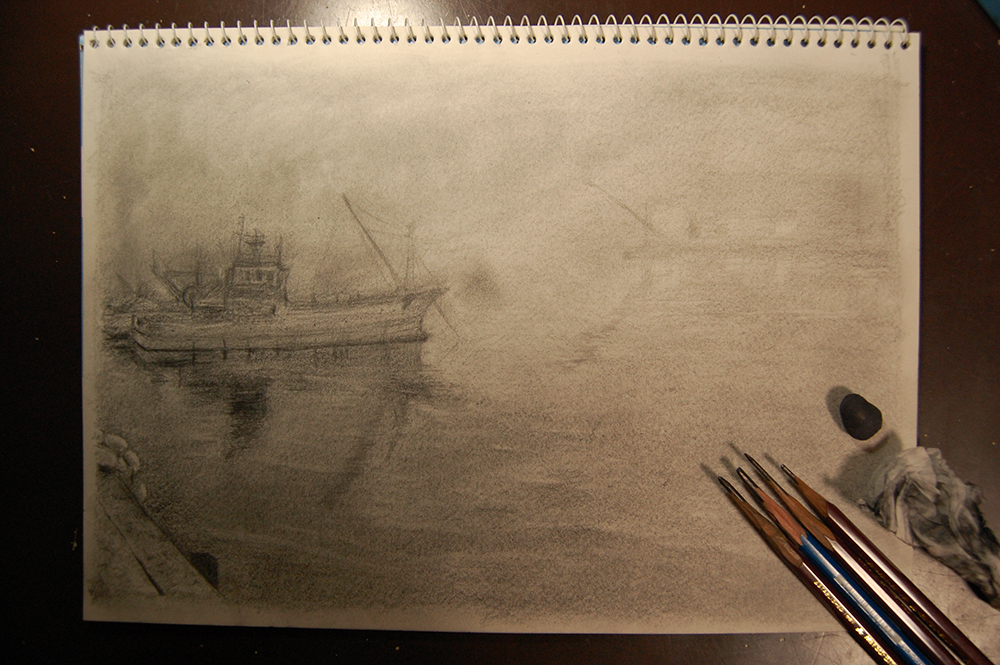 鉛筆デッサン|霧の漁港（鴨川）