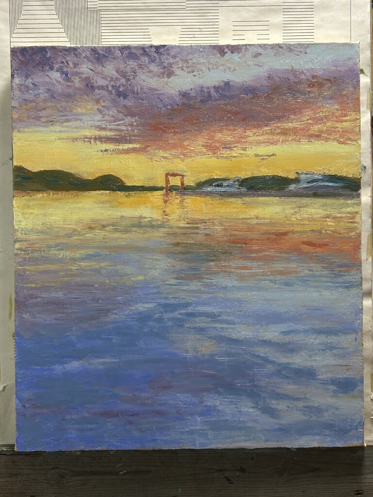 ナイフで着彩｜夕陽に染まる保田漁港-3